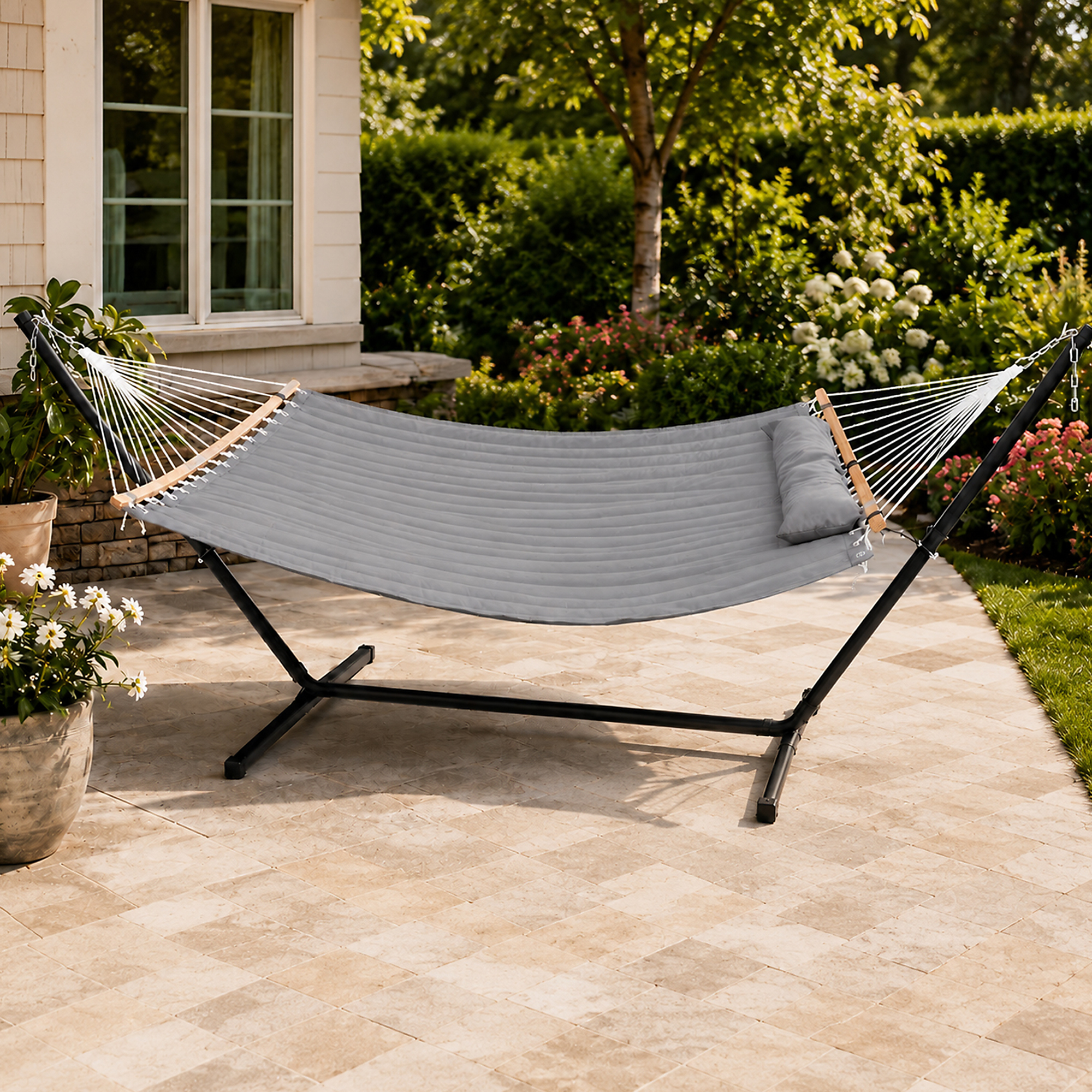 GearXpert Charcoal Gray 55" x 78.7" Large Double Hammock with 12' Stand